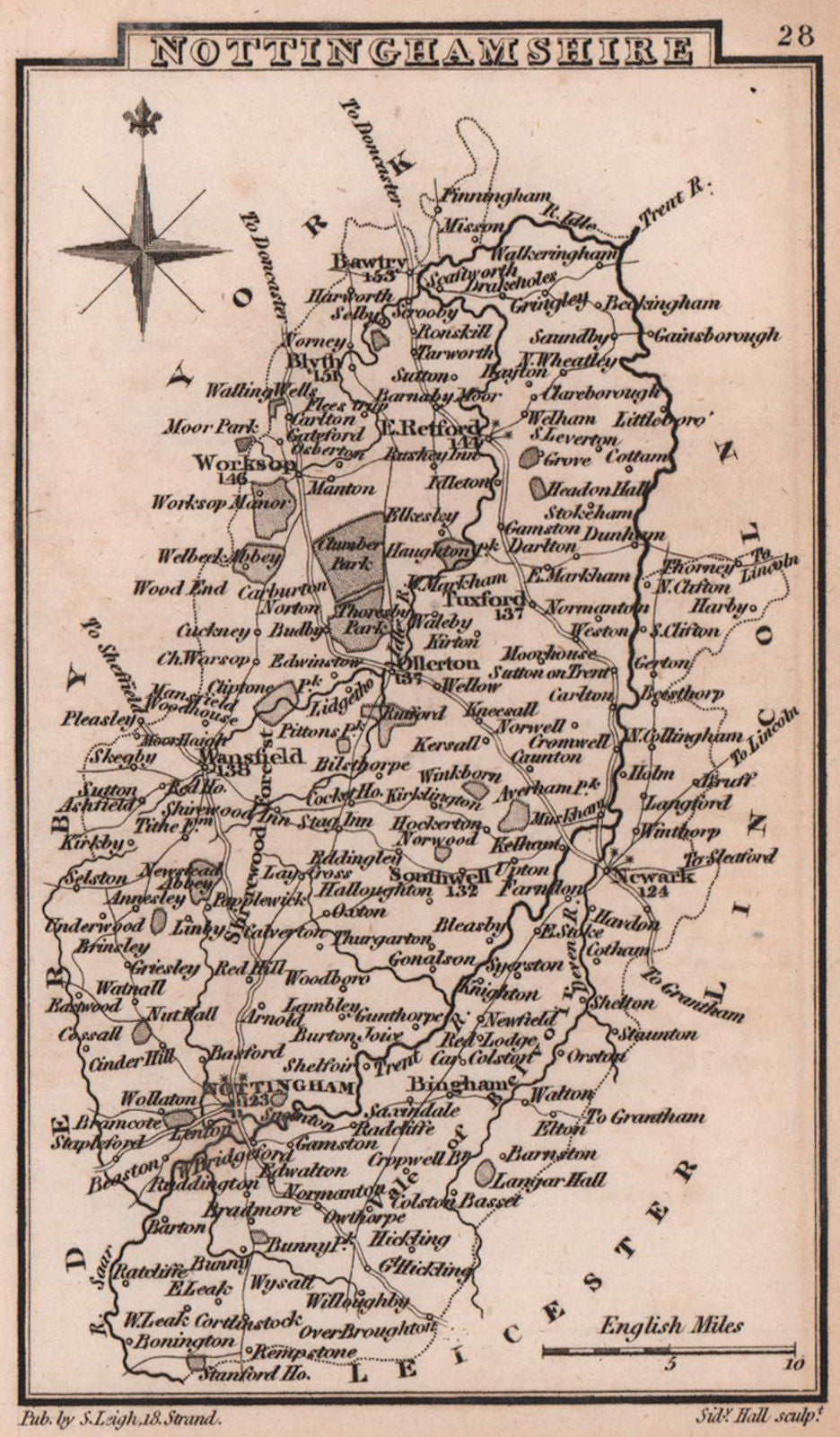 Nottinghamshire miniature county map by Samuel Leigh / Sidney Hall c1820